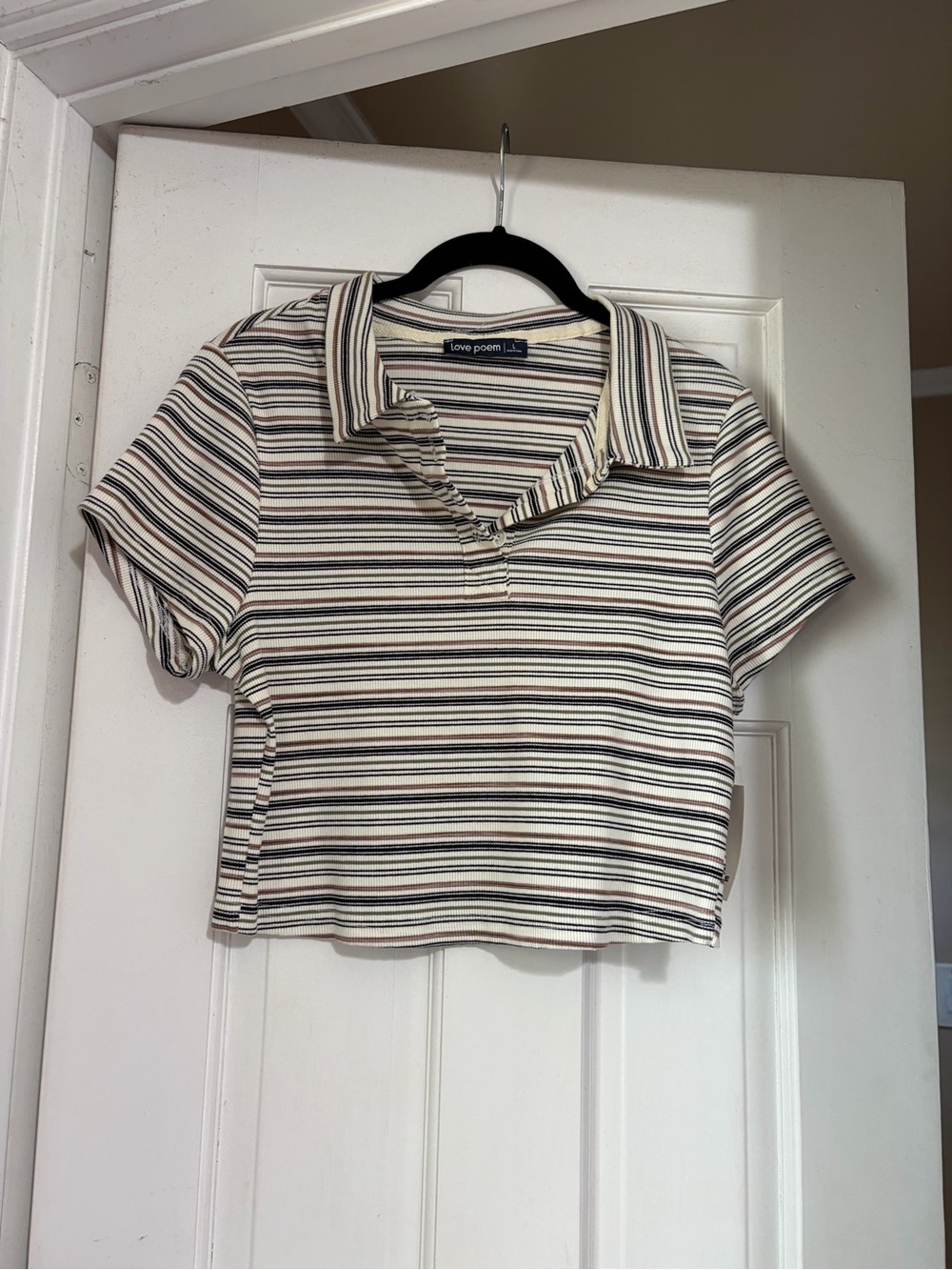 Love Poem Cream Striped Polo Crop Top with Short Sleeves